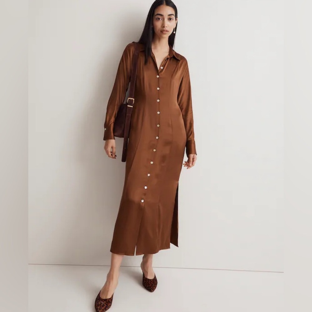 Madewell Satin Button-Front Midi Shirtdress in Cedar Like New Size 00